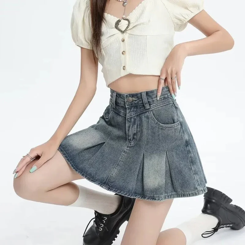 Retro Denim Skirt Summer A- Line Pleated Skirt For Women