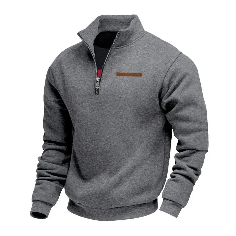 Fleece-Lined Mid-Length Zip-Up Loose-Fit Stand-Up Collar Casual Sweater