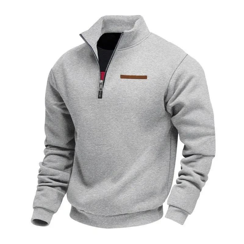 Fleece-Lined Mid-Length Zip-Up Loose-Fit Stand-Up Collar Casual Sweater