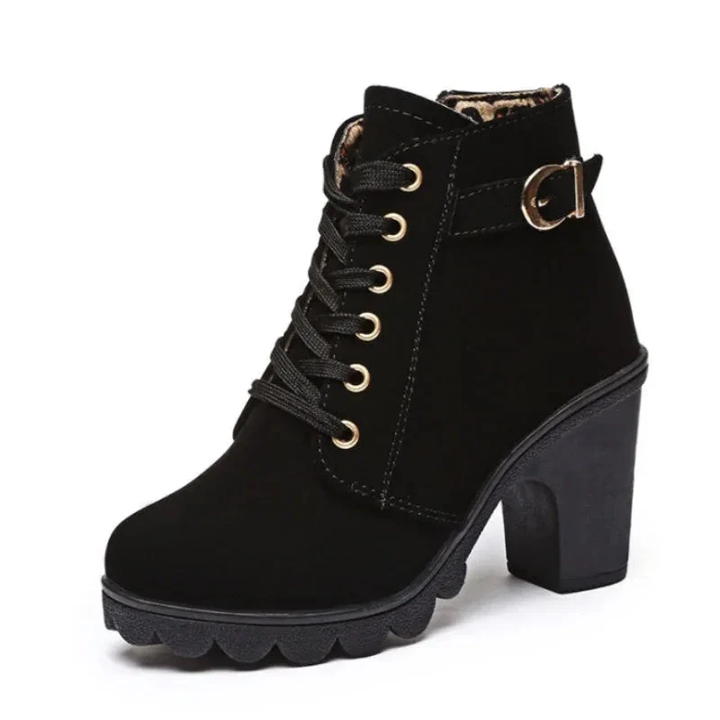 Spring Women's Boots High Quality Solid Lace-Up European Ladies Shoes With High Heels