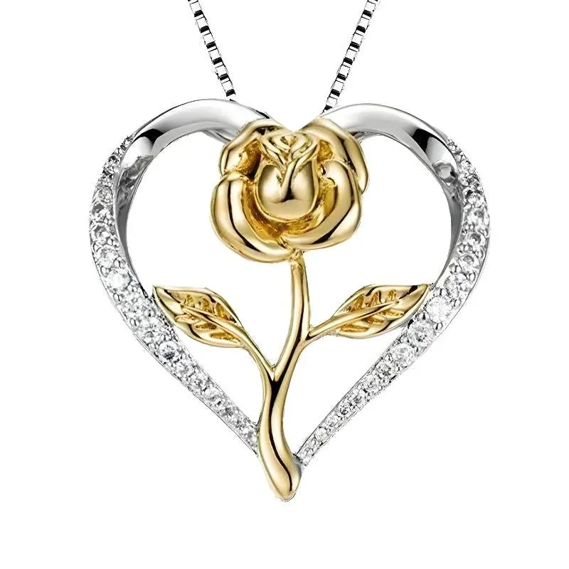 Zircon Heart Rose Silver Necklace For Women
