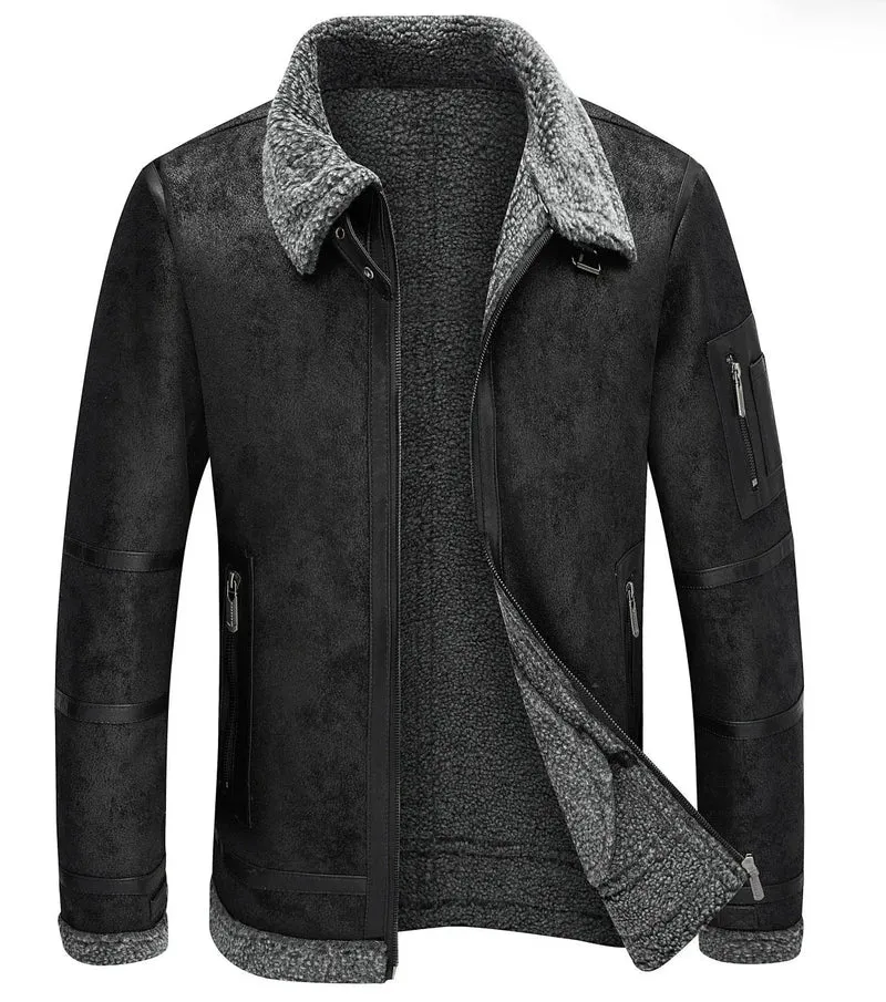 Men's Fleece-Lined Thickened Fur Suede Leather Winter Jacket