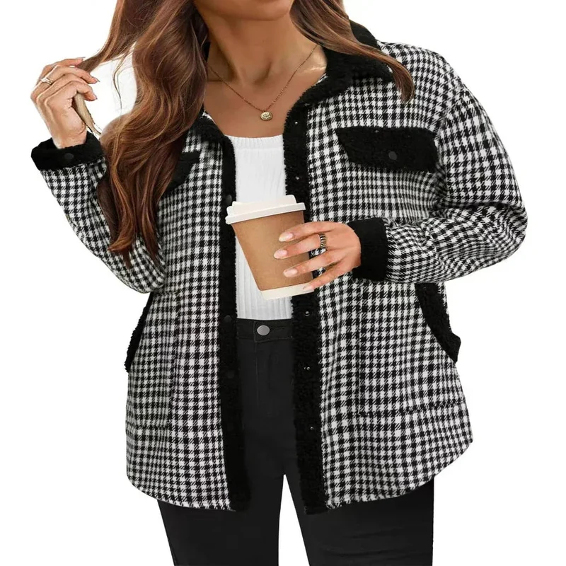 Contrast Color Plaid Jacket Casual Polo Collar Velvet Coat For Women