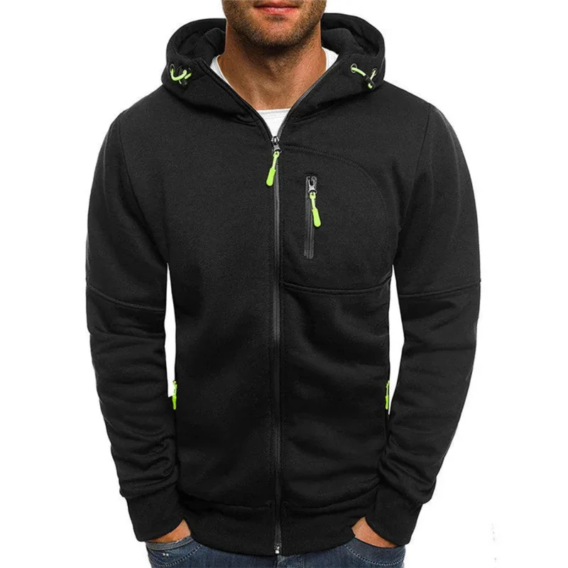 Men's Casual Zipper Hooded Sweater Solid Color Sports Fitness Cardigan Hoodie