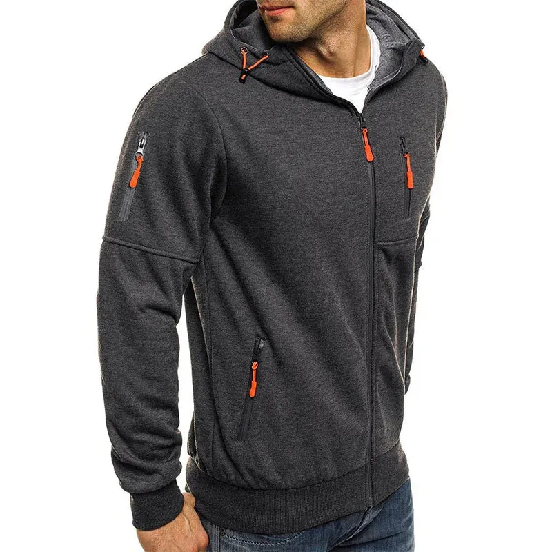 Men's Casual Zipper Hooded Sweater Solid Color Sports Fitness Cardigan Hoodie
