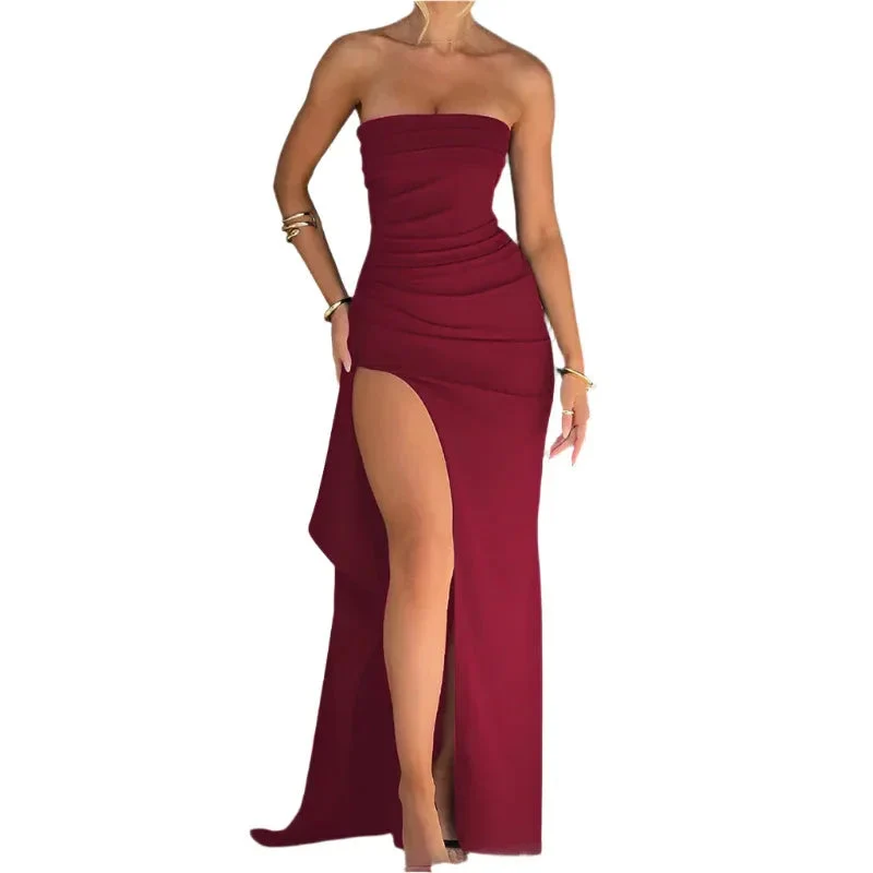 Strapless Long Split Bridesmaid Wedding Party Dress For Women