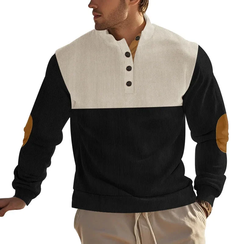 Men's Casual Button Half-Open Stand Collar Fashion Colorblock Sweater