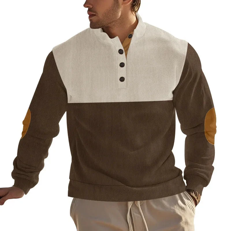 Men's Casual Button Half-Open Stand Collar Fashion Colorblock Sweater