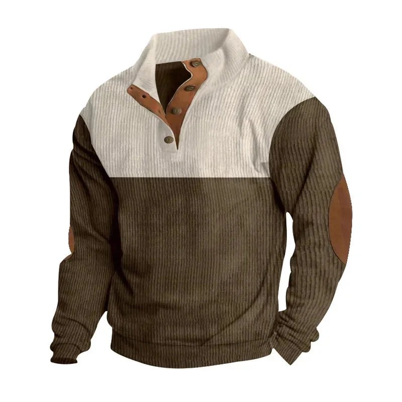Men's Casual Button Half-Open Stand Collar Fashion Colorblock Sweater