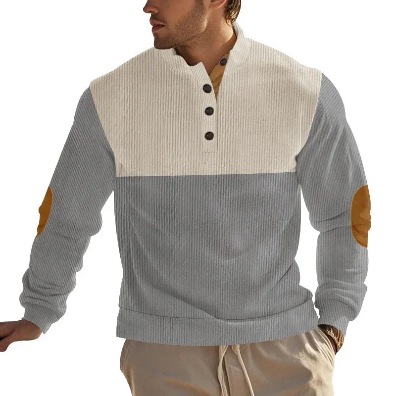 Men's Casual Button Half-Open Stand Collar Fashion Colorblock Sweater