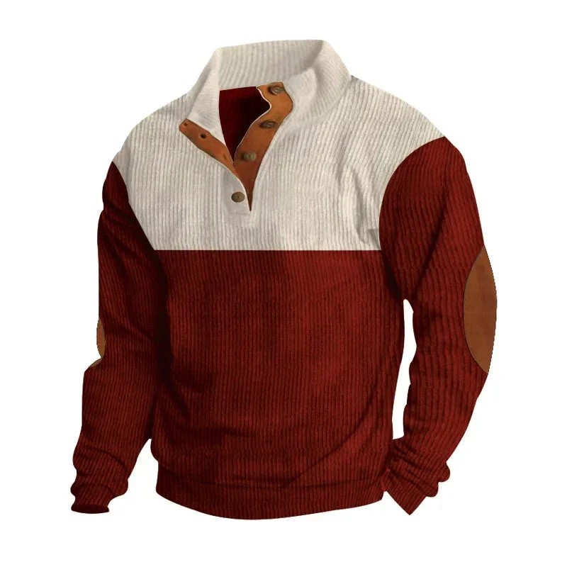 Men's Casual Button Half-Open Stand Collar Fashion Colorblock Sweater