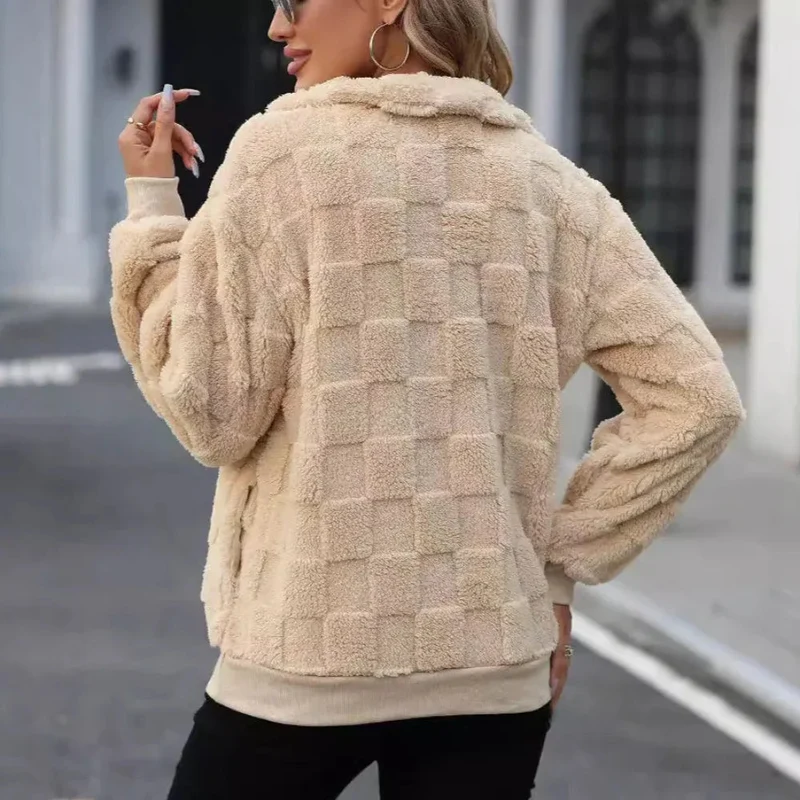 Women's Half Zipped Stand Collar Loose Plaid Plush Pullover Sweater