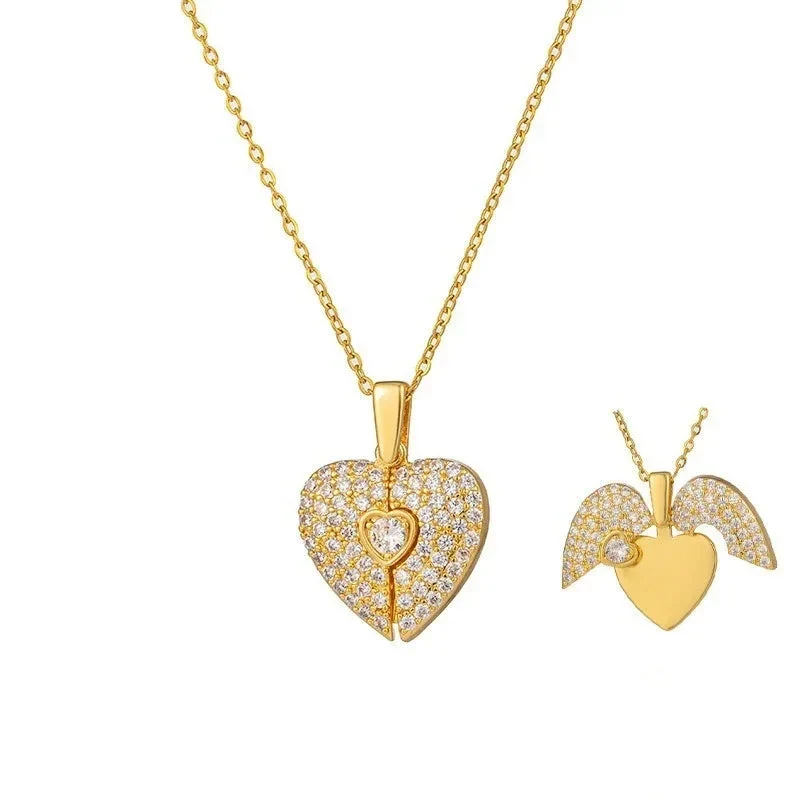 Women's Heart Opening And Closing Necklace Wings Pendant Clavicle Chain Jewelry