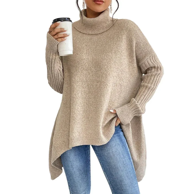 Irregular Turtleneck Sweater Winter Loose Long Sleeve Knitted Tops Leisure Warm Pullover Sweater Women's Clothing