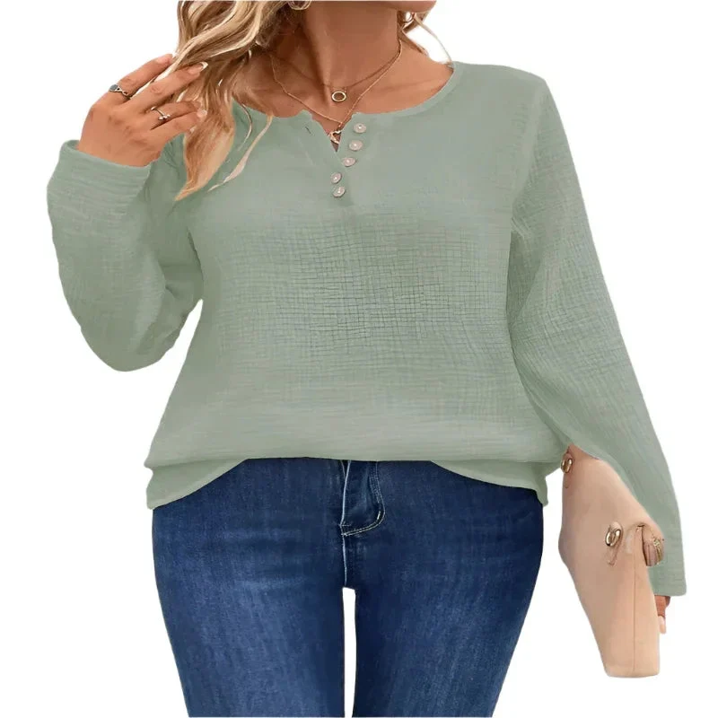 Women's Comfortable Long Sleeve Button Pullover Top T-Shirt