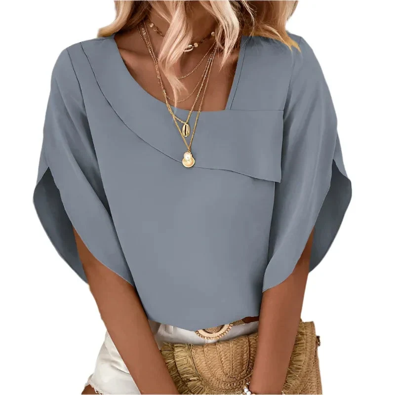 Solid Asymmetrical Neck Petal Sleeve Blouse Top For Women
