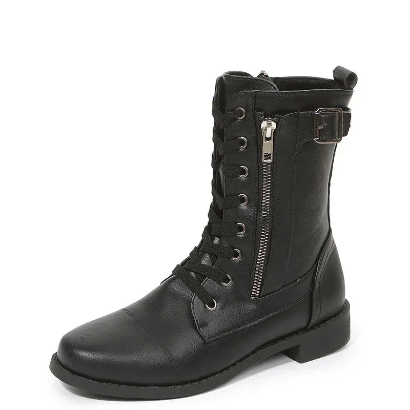 Lace-Up Western Cowboy Boots With Side Zipper Shoes For Women