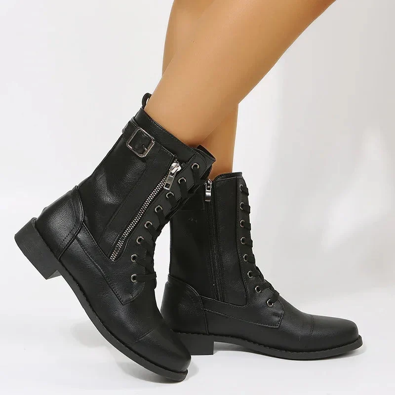 Lace-Up Western Cowboy Boots With Side Zipper Shoes For Women