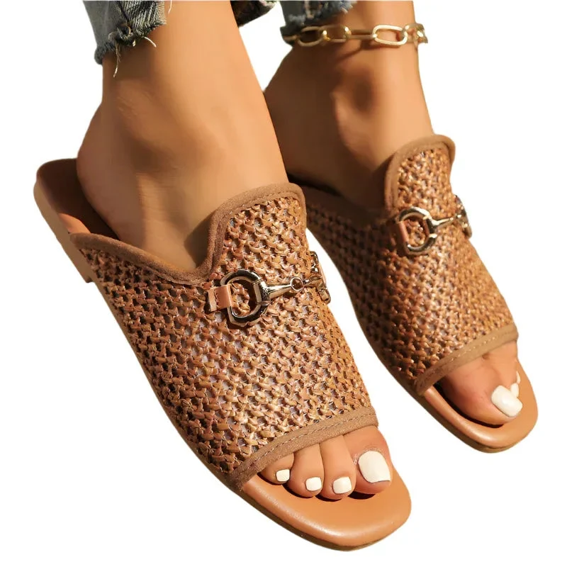 Hollow Square Toe Sandals Summer Fashion Solid Flats Slides Women Beach Shoes