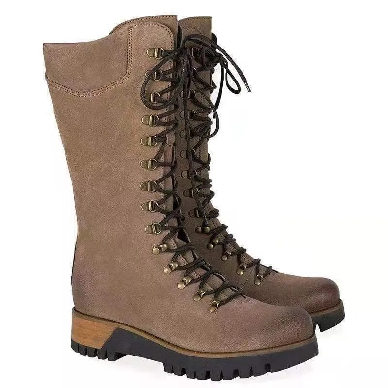 Autumn And Winter Women's Shoes Plus Size Lace Up Mid Height Boots