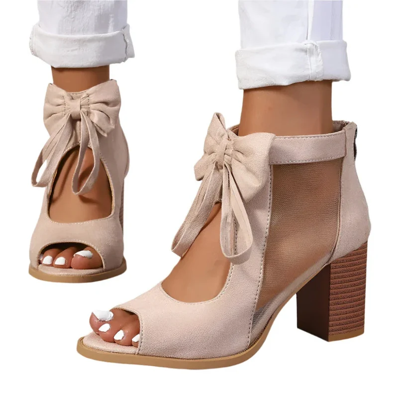 Chunky High Heels Women's Sandals Bow Decoration Open Toe Block Ankle Strap Shoes