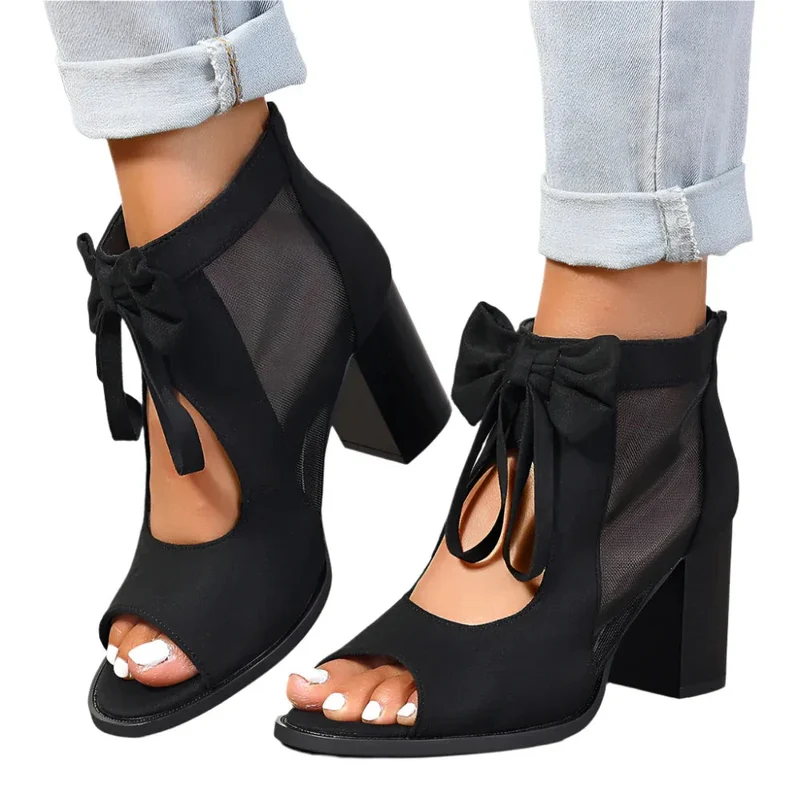 Chunky High Heels Women's Sandals Bow Decoration Open Toe Block Ankle Strap Shoes