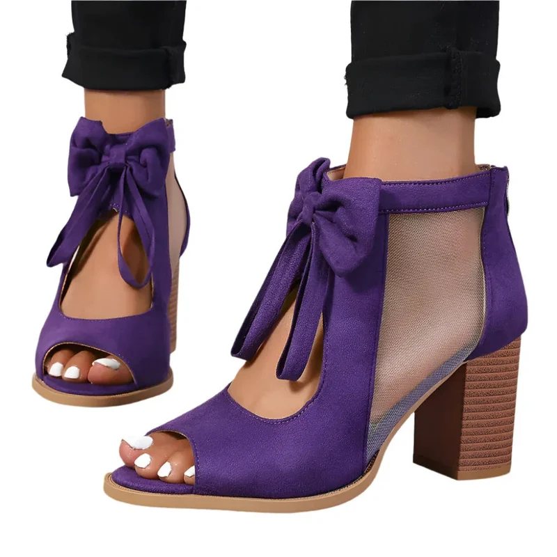 Chunky High Heels Women's Sandals Bow Decoration Open Toe Block Ankle Strap Shoes