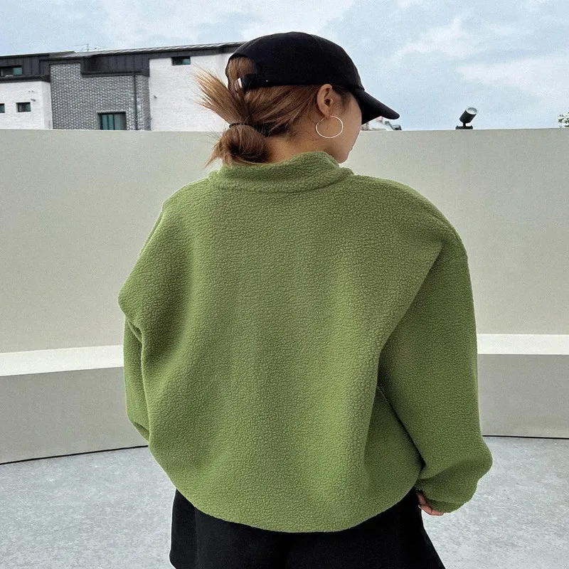 Patched Detail Drop Shoulder Half Zip Fleece Sweatshirt Long Sleeve Sweater Tops For Women