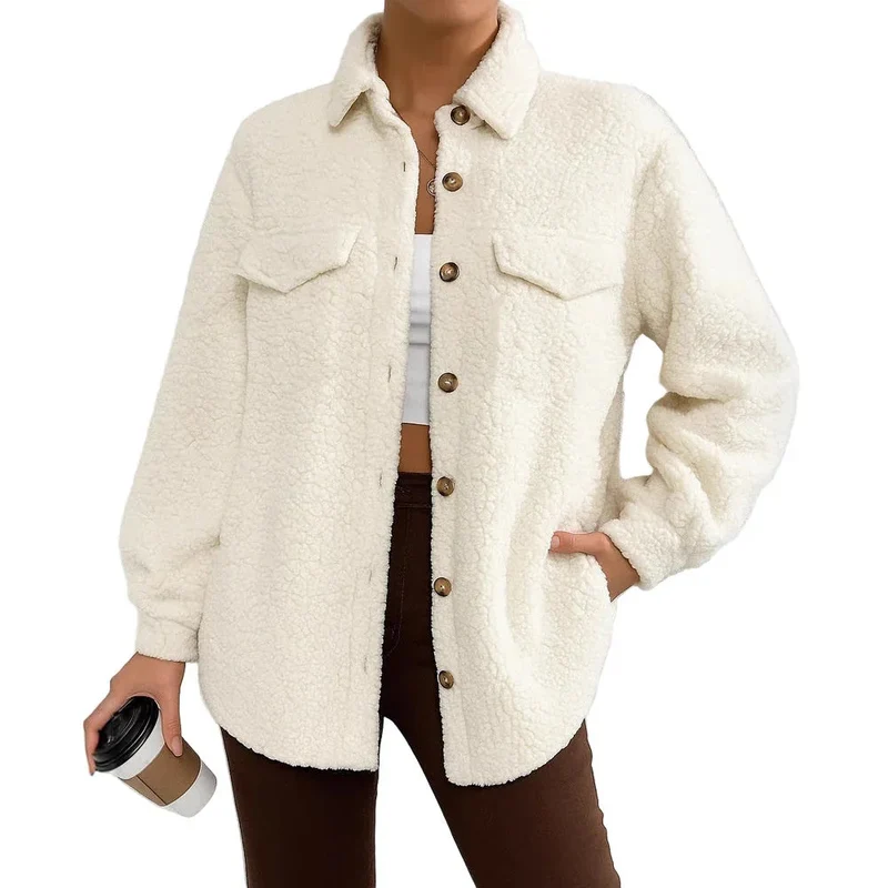 Women's Solid Color Long-Sleeved Lapel Fleece Jacket
