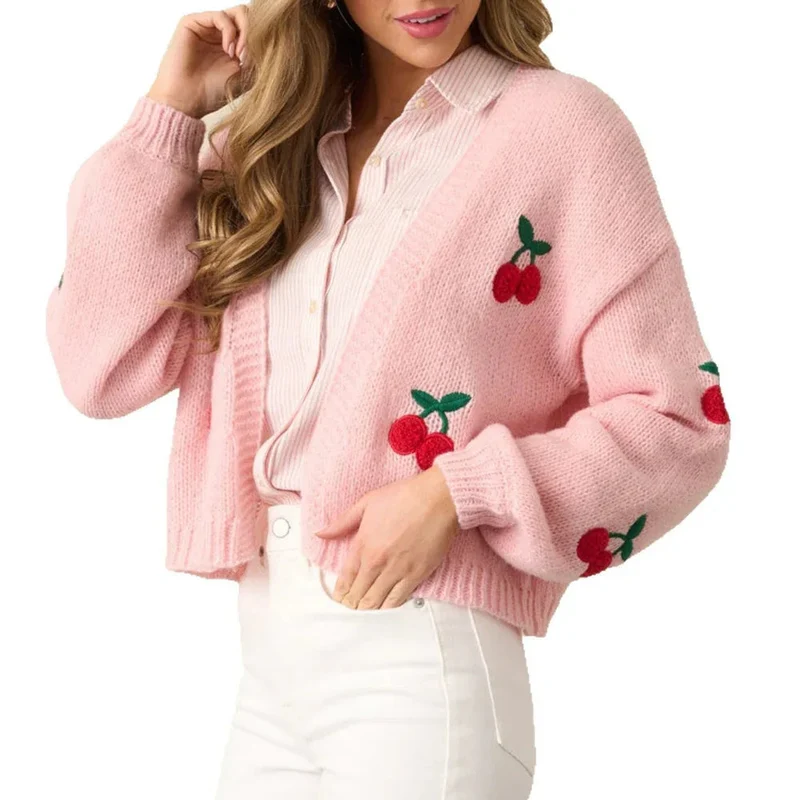 Cherry Embroidery Women's Elegant Cardigan Sweater