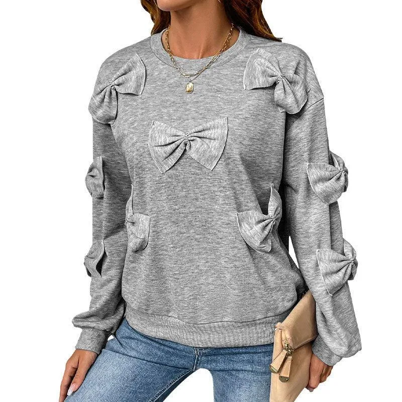 Casual Cool Bow Tie Stitching Women's Gray Round-Neck Sweater