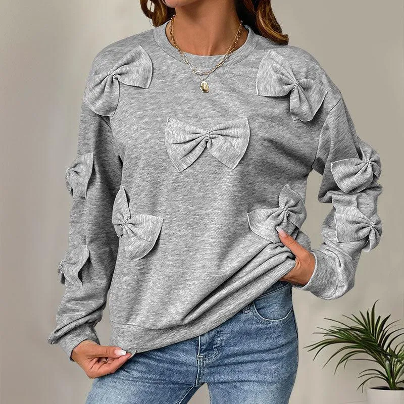 Casual Cool Bow Tie Stitching Women's Gray Round-Neck Sweater