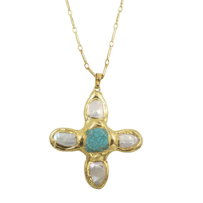 Cross Shape Turquoise Freshwater Pearl 18K Gold-Plated Inlaid Pendant Necklace