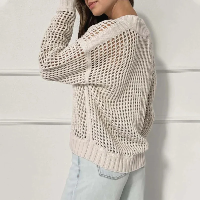 Fashion Women's Wear Pullover Zipper Half Cardigan Hollow Out Sweater