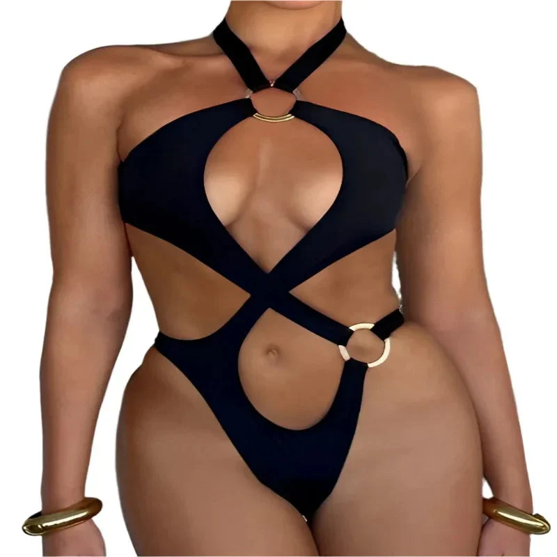 Sexy Solid Color Hollow Siamese Bikini Women's Swimsuit