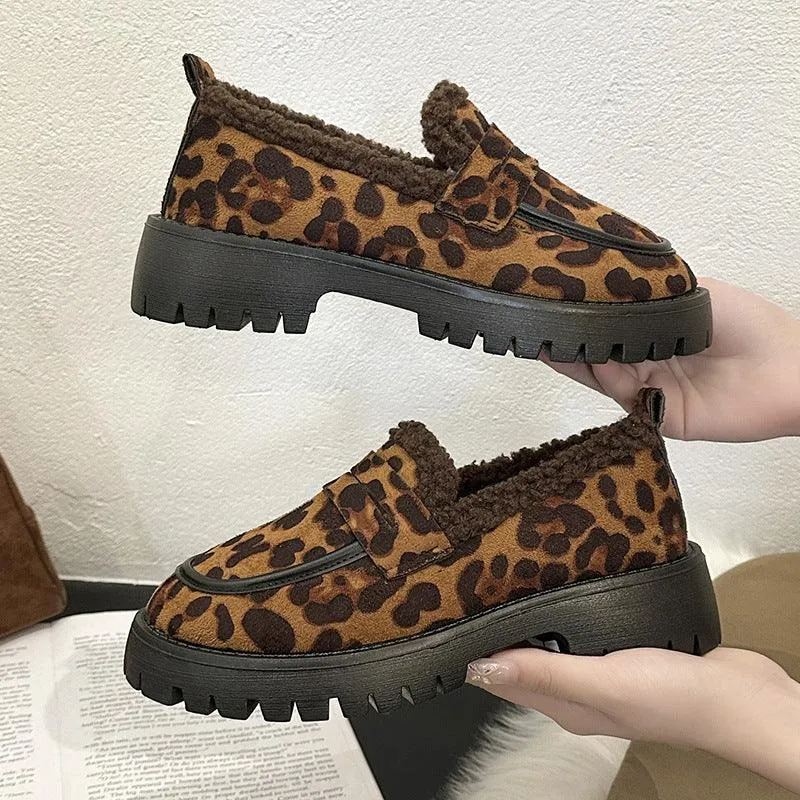 Fleece Lined Loafers Leopard Print British Style For Women