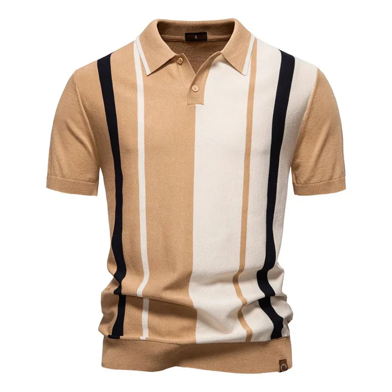 Men's Knitted Striped Short Sleeve Polo Shirt