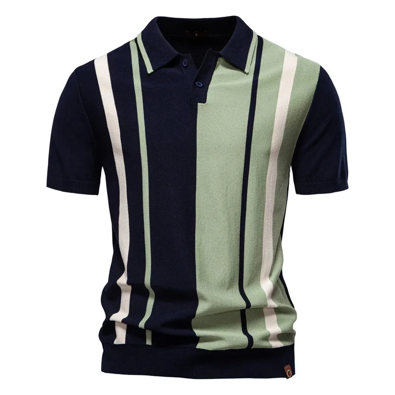 Men's Knitted Striped Short Sleeve Polo Shirt