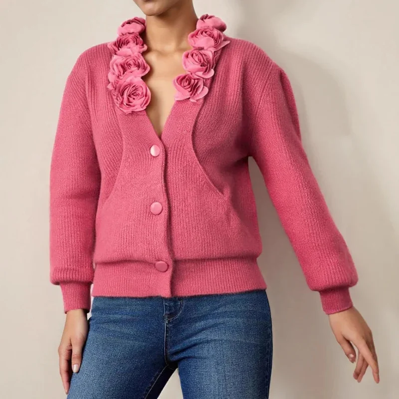 Autumn And Winter French Rose V-Neck Women's Sweater