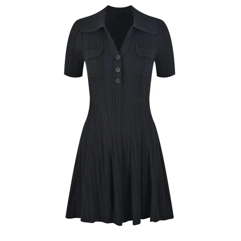 French Retro Solid Color Polo Collar Waist Slimming And Short A- Line Dress