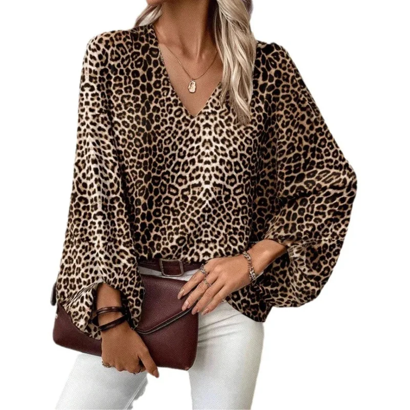 European And American V-Neck Leopard Print Casual Long-Sleeved Top