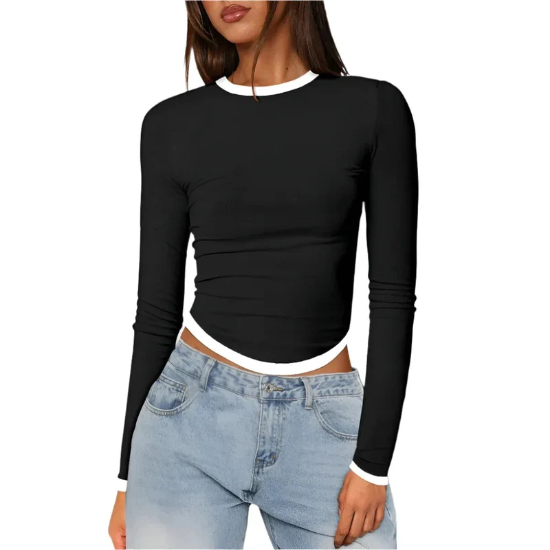 Women's Long-Sleeved Round Neck Slim-Fit Contrast Colors Short Pullover Top T-Shirt