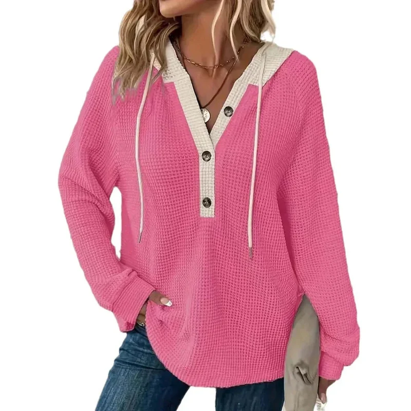 Women's Solid Color Waffle Fabric Hooded Loose Fit Sweater Long Sleeve Sweatershirt