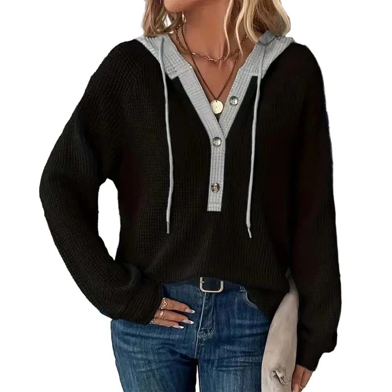 Women's Solid Color Waffle Fabric Hooded Loose Fit Sweater Long Sleeve Sweatershirt