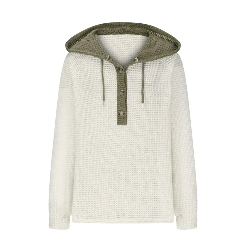 Women's Solid Color Waffle Fabric Hooded Loose Fit Sweater Long Sleeve Sweatershirt