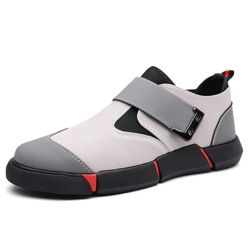 Men's Casual Comfortable Leather Slip-On Low-Top Velcro Non-Slip Flat Heel Shock Absorption Shoes