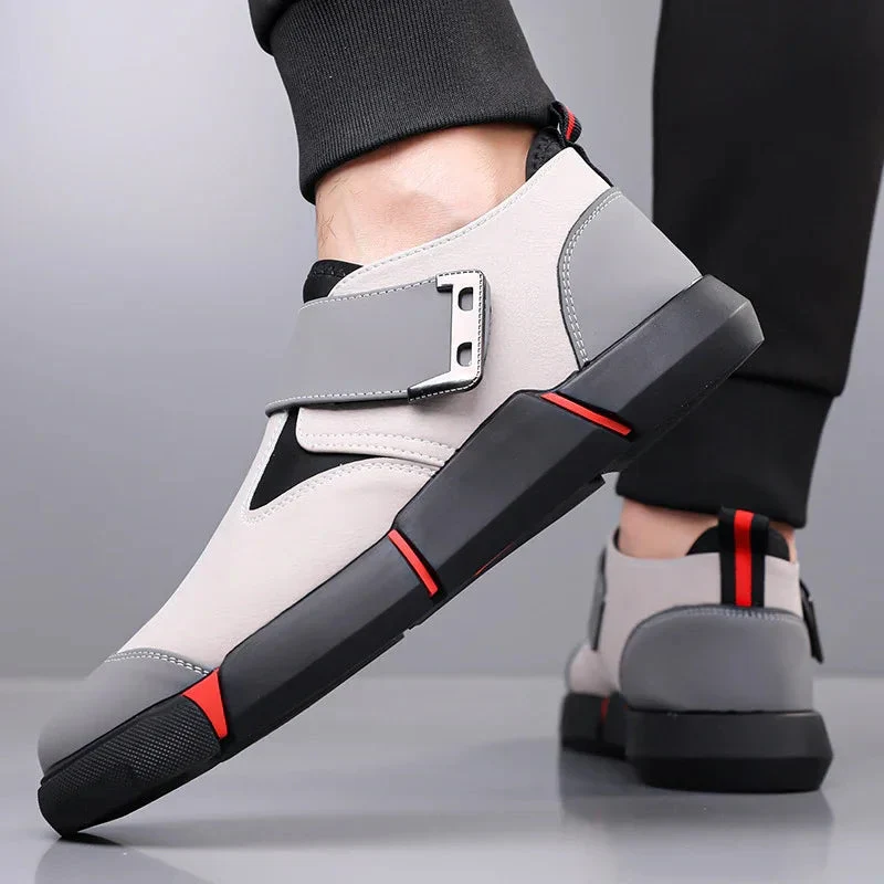 Men's Casual Comfortable Leather Slip-On Low-Top Velcro Non-Slip Flat Heel Shock Absorption Shoes
