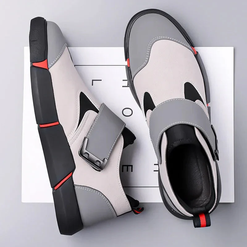 Men's Casual Comfortable Leather Slip-On Low-Top Velcro Non-Slip Flat Heel Shock Absorption Shoes