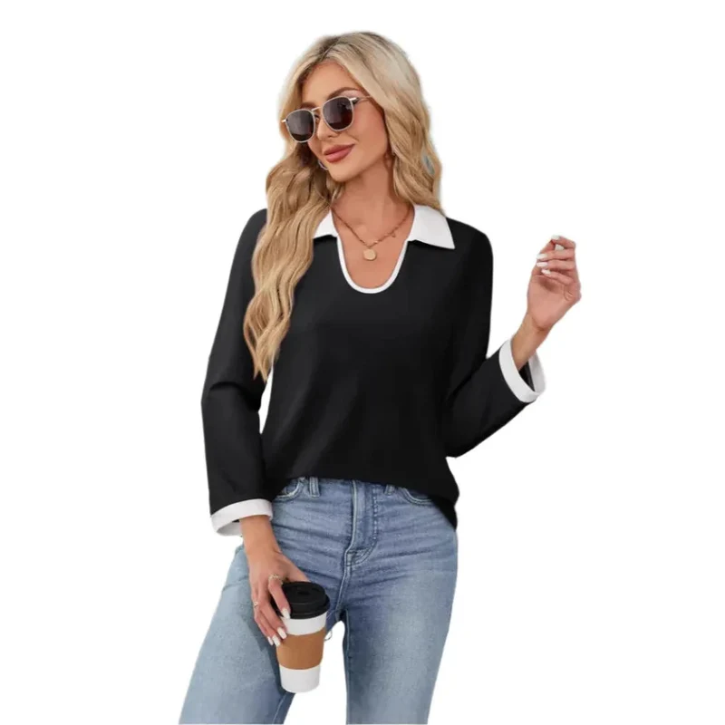 Color Matching Lapel Collar Long Sleeve Top T-Shirt For Women