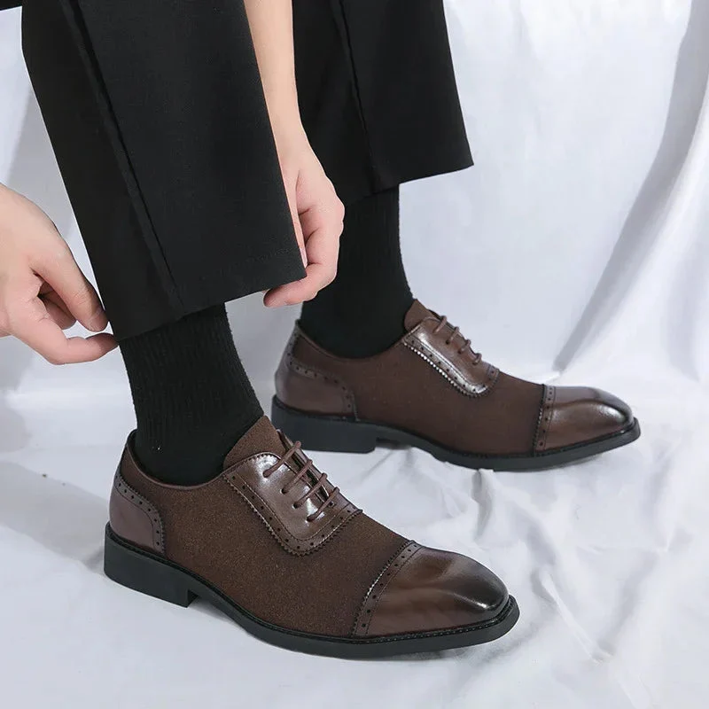 Men's Thick-Soled Round Toe Lace-Up Formal Business Leather Shoes